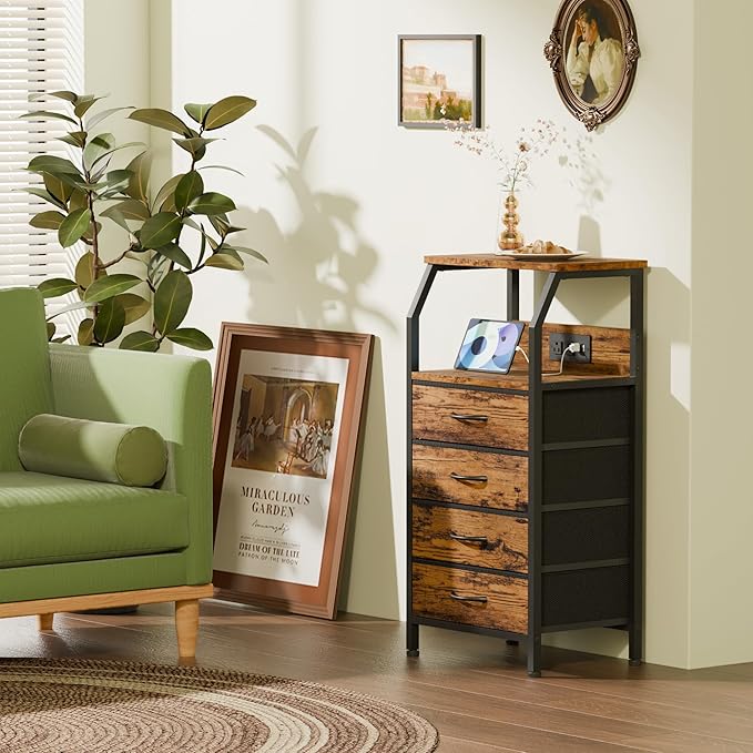 Furnulem Night Stand with Charging Station, Small Dresser with 4 Fabric Drawe...