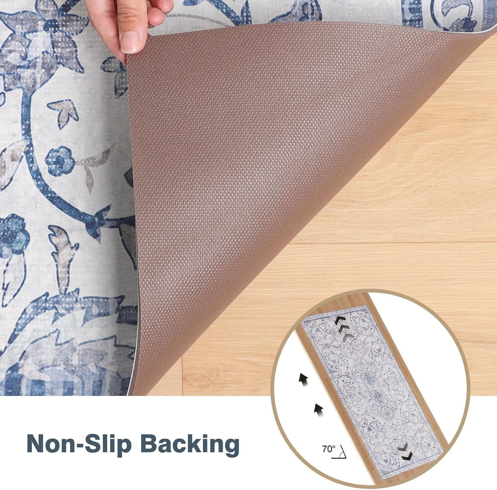 2'×6' Blue Floral Vinyl Runner Rug, Non-Slip Floor Mat for Hallway, K...