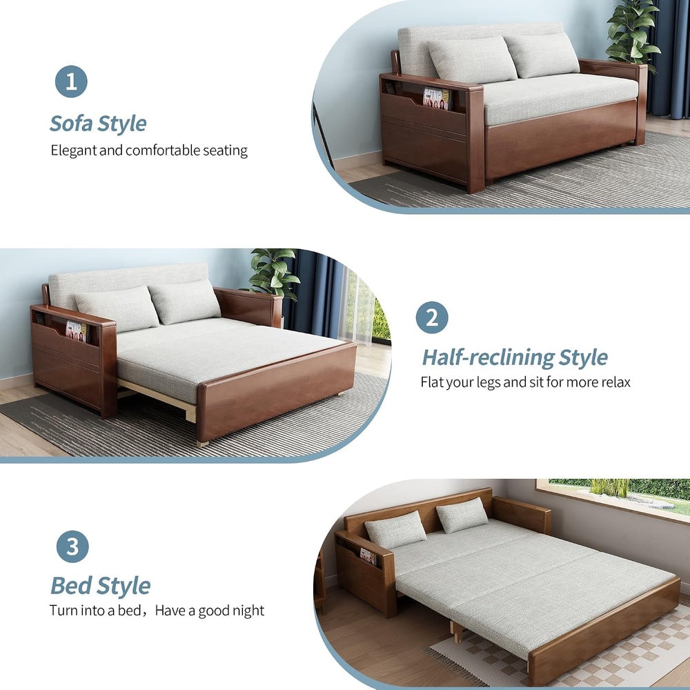 71" 3-in-1 Sleeper Pull Out Sofa, Walnut Solid Wood Frame, Sectional Couch