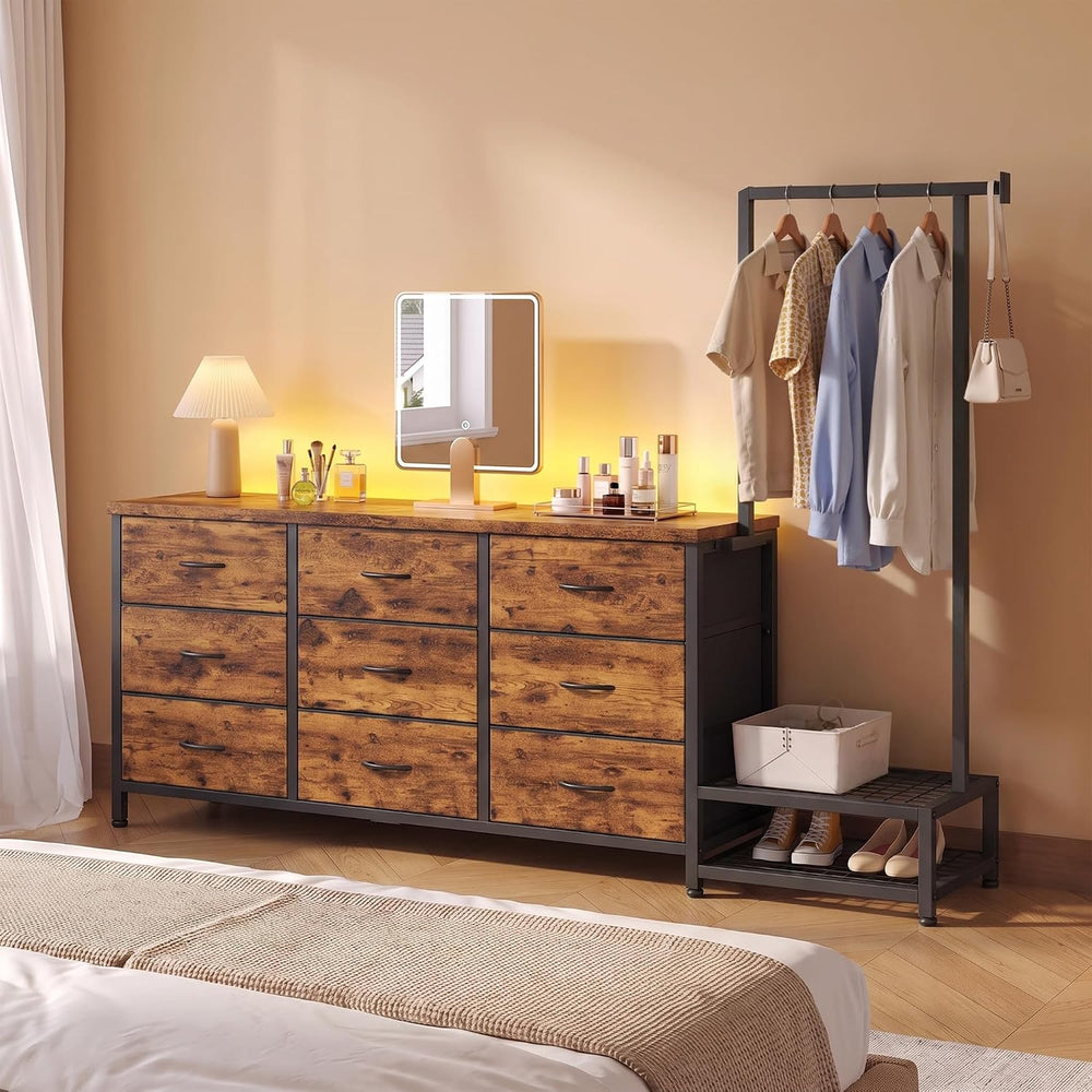 9-Drawer Dresser with Extendable Hanging Rack & LED Lights, Brown