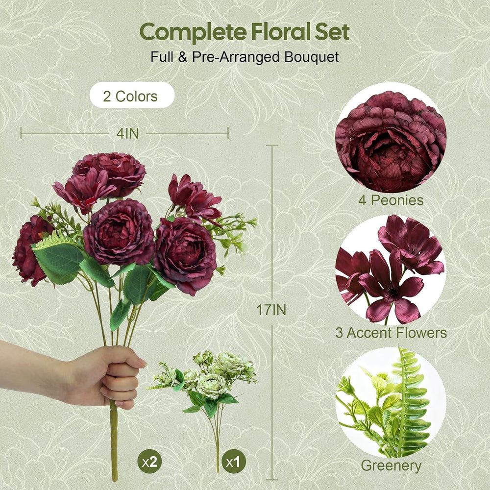 Burgundy Peonies Artificial Flowers Faux Fall Bouquet 17" for Vase, 3 PCS