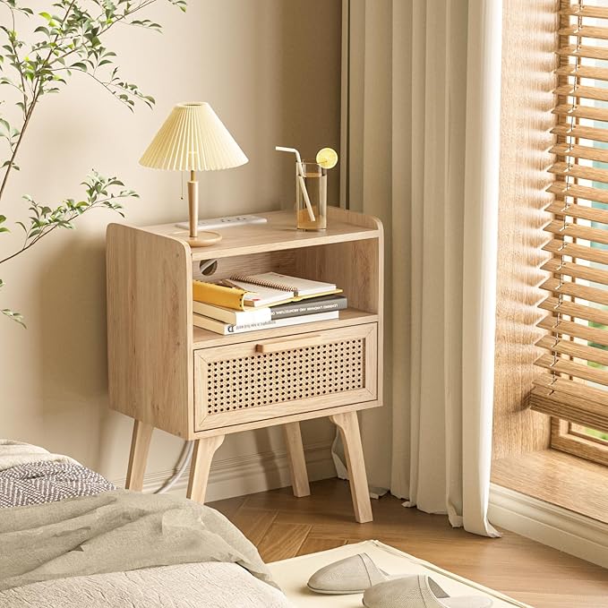 Lerliuo Rattan Nightstands Set of 2 with Charging Station, Boho Night Stand w...