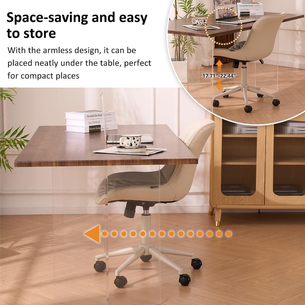 YOUNIKE Faux Leather Office Desk Chair Comfy Vanity Chair Armless Cream | Erg...