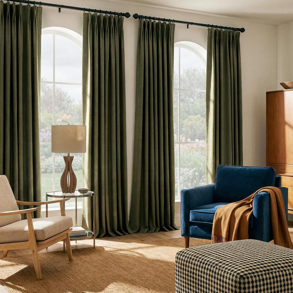 NICETOWN Vintage Olive Dark Green Pinch Pleated Linen Curtains 90 inch Long