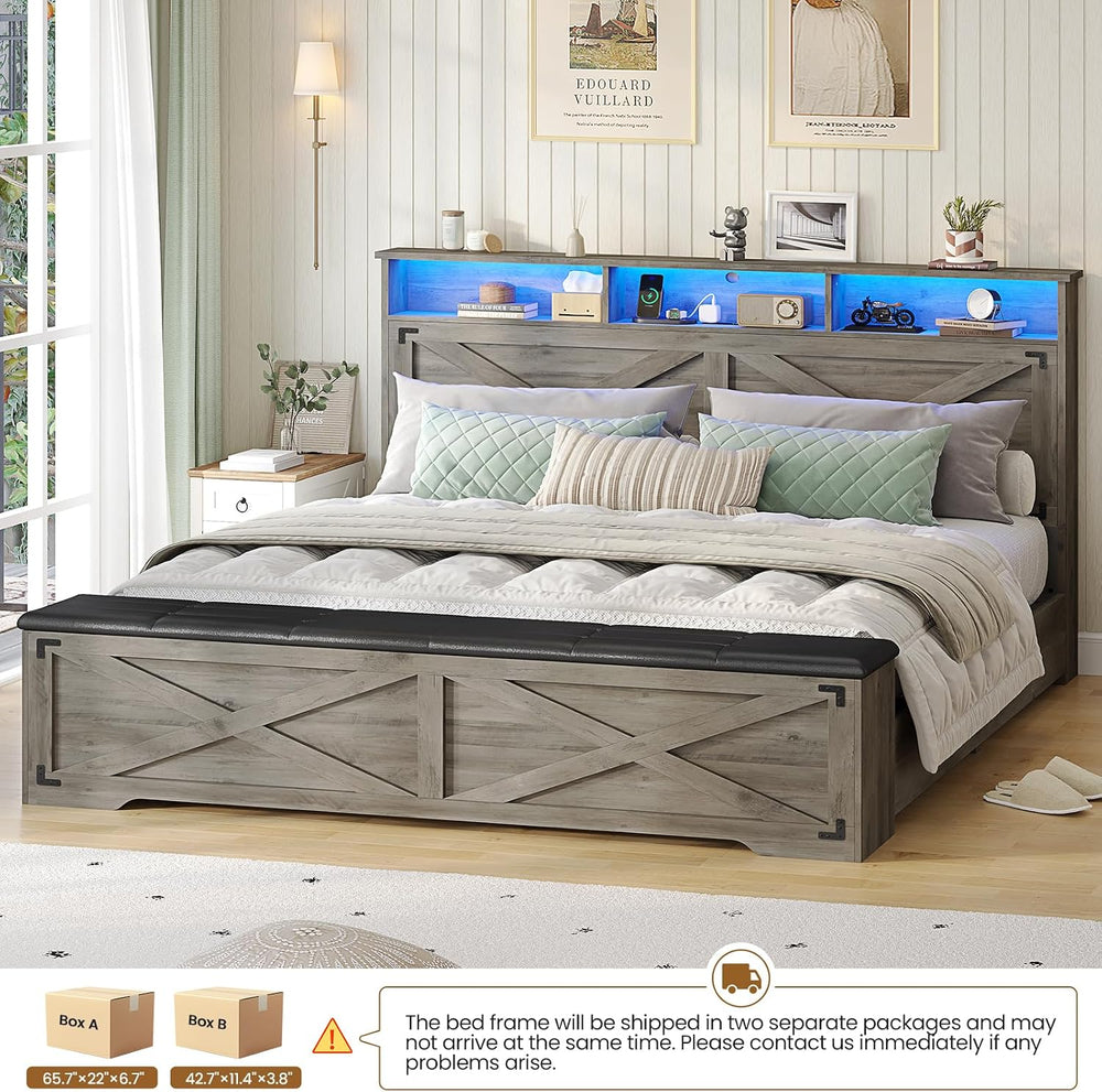 Queen Size Bed Frame with Storage Ottoman, Farmhouse Bed Frame with Charging ...