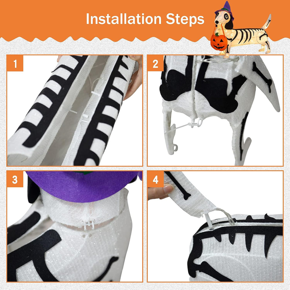 Skeleton Dachshund Decor, 25" Witch Hat Lights, Halloween Yard