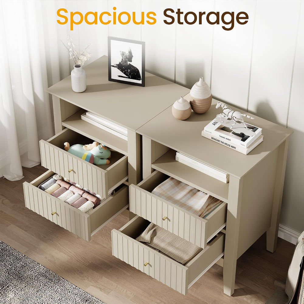RoyalCraft Beige Fluted Nightstand Set of 2, Colorful Nightstand with 2 Drawe...