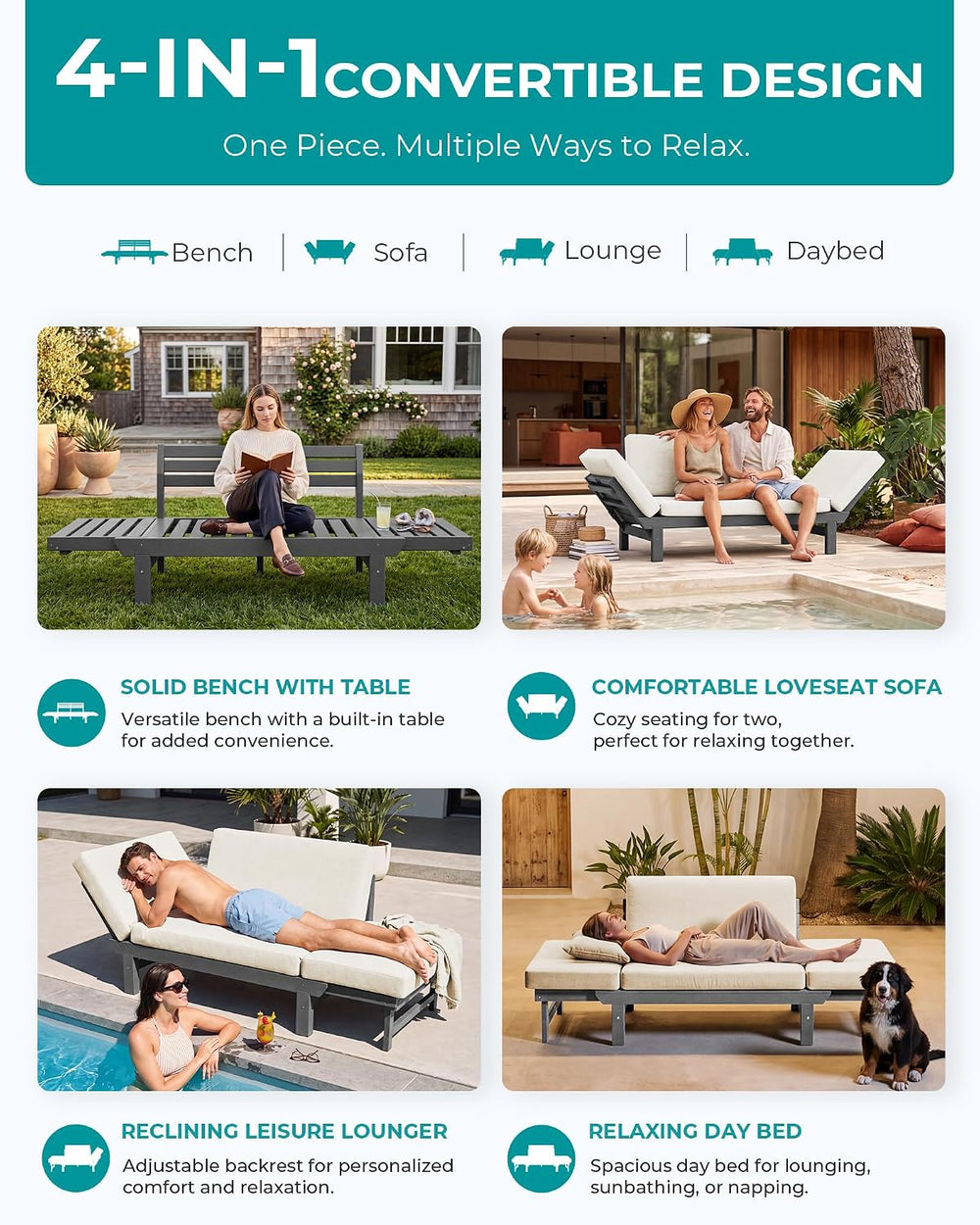 SERWALL HDPE 4-in-1 Convertible Outdoor Sofa with Adjustable Armrests, Couch ...