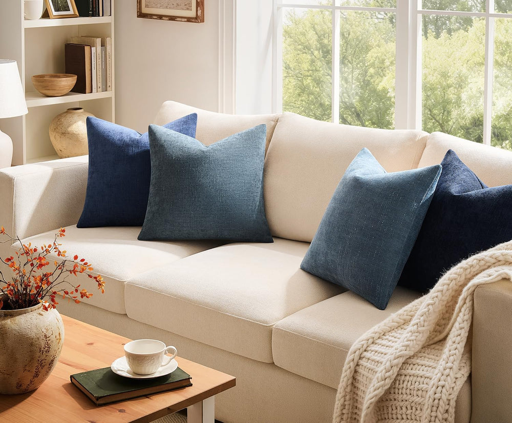 Pack of 4 Throw Pillow Covers 22x22 Inch Chenille Textured Neutral Blue Soft ...
