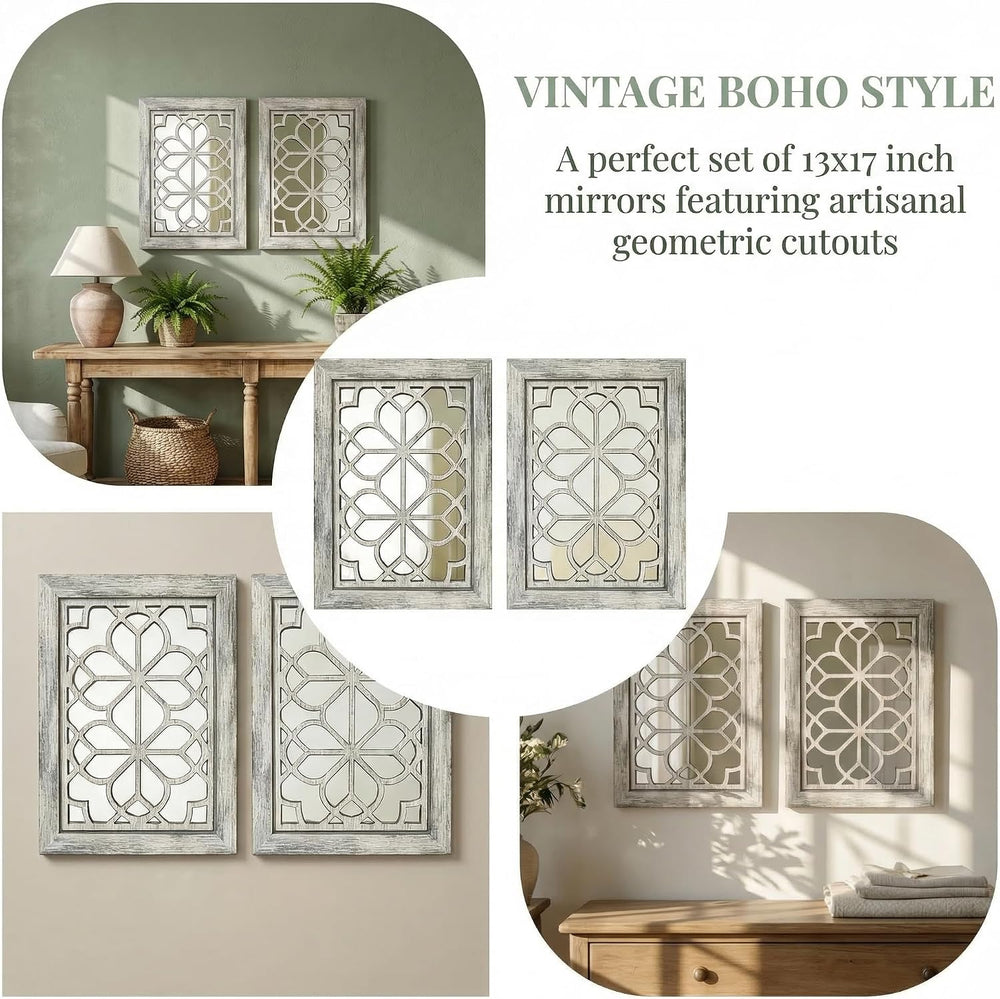 Set of 2 13x17 Inch Rectangular Shatterproof Decorative Wall Mirrors, Boho Fa...