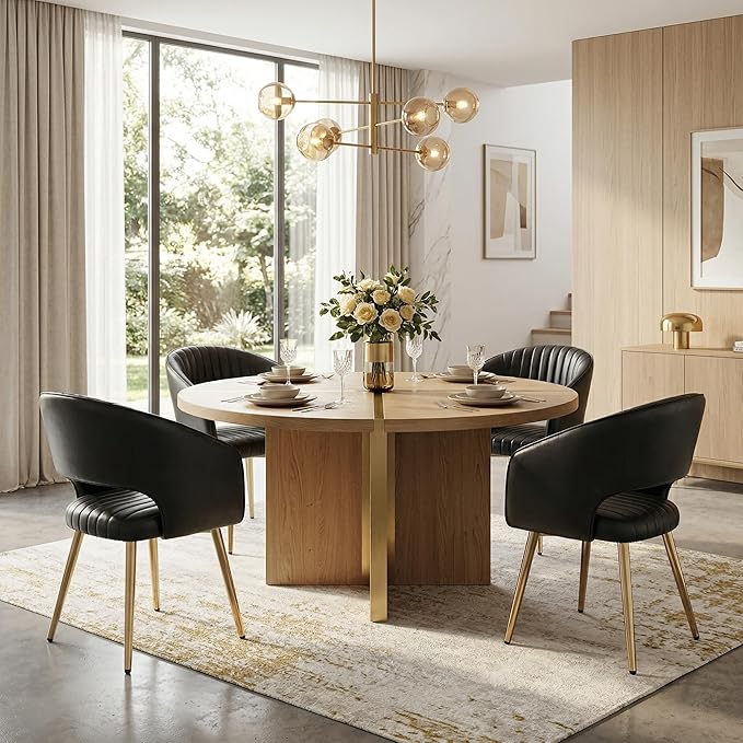 Faux Leather Dining Chairs Gold Legs, Modern Black PU Leather Dining Room Cha...