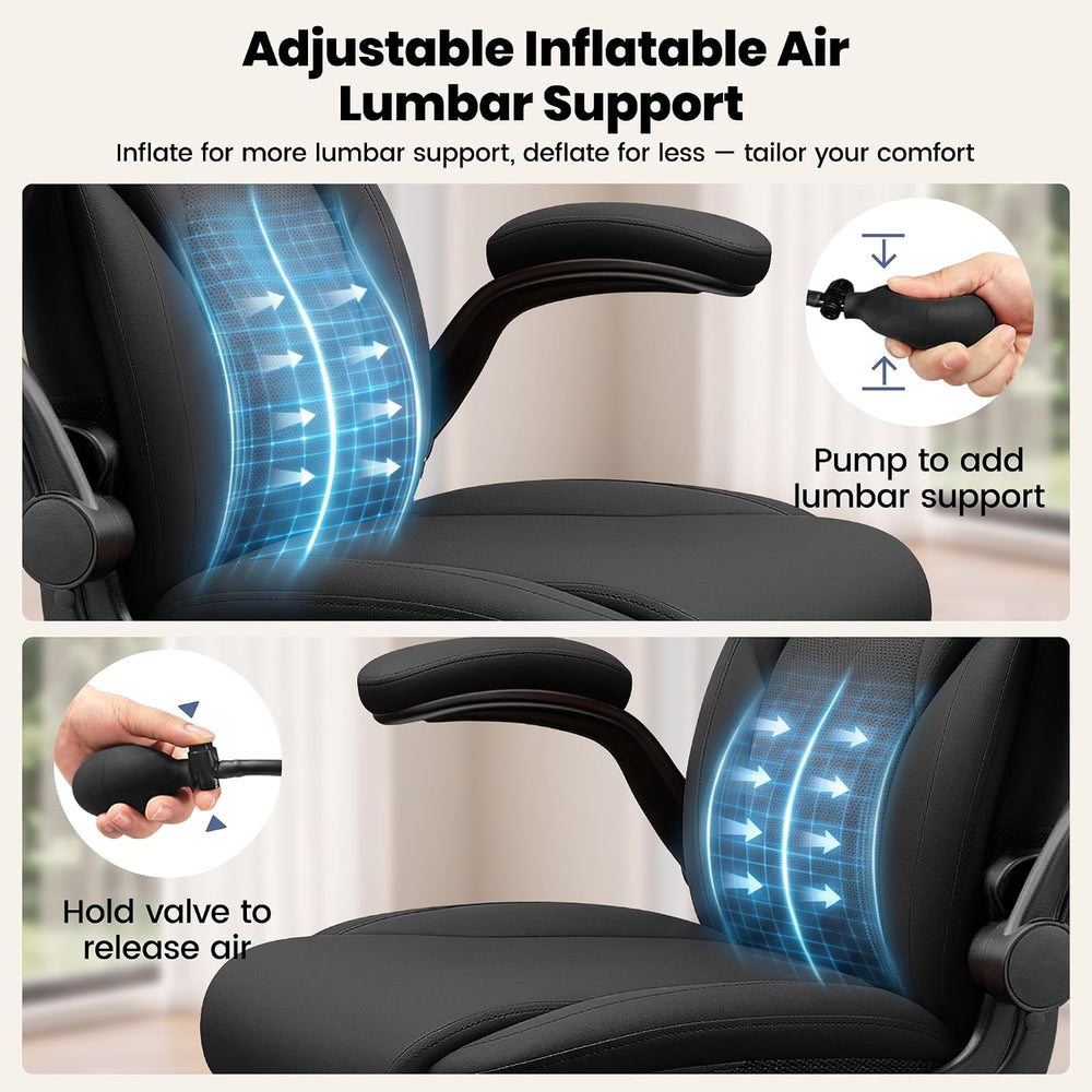 Ergonomic Leather Office Chair with Inflatable Lumbar Support, Black