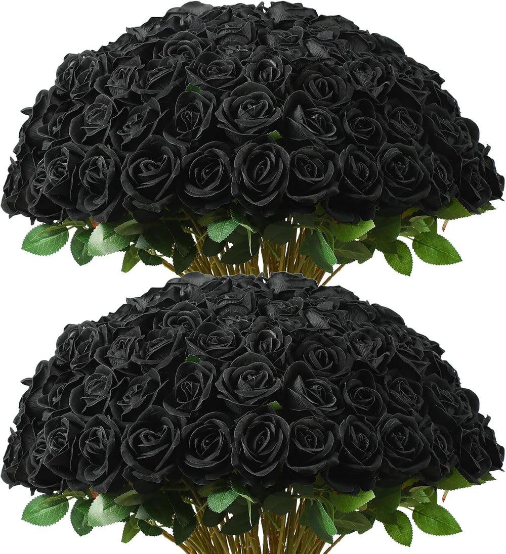 DuHouse 50Pcs Black Roses Velvet Silk Artificial Flowers Bulk