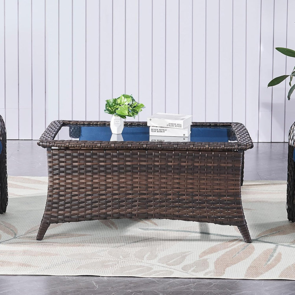 Belord Outdoor Coffee Table with Tempered Glass Top, Patio Rectangular Brown ...