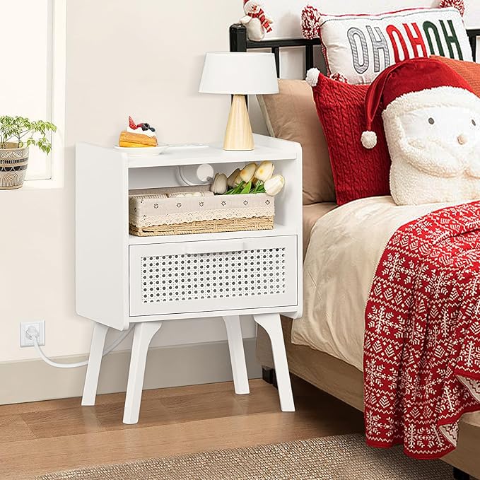 Lerliuo Rattan Nightstands set of 2 with Charging Station, Side Table with Dr...