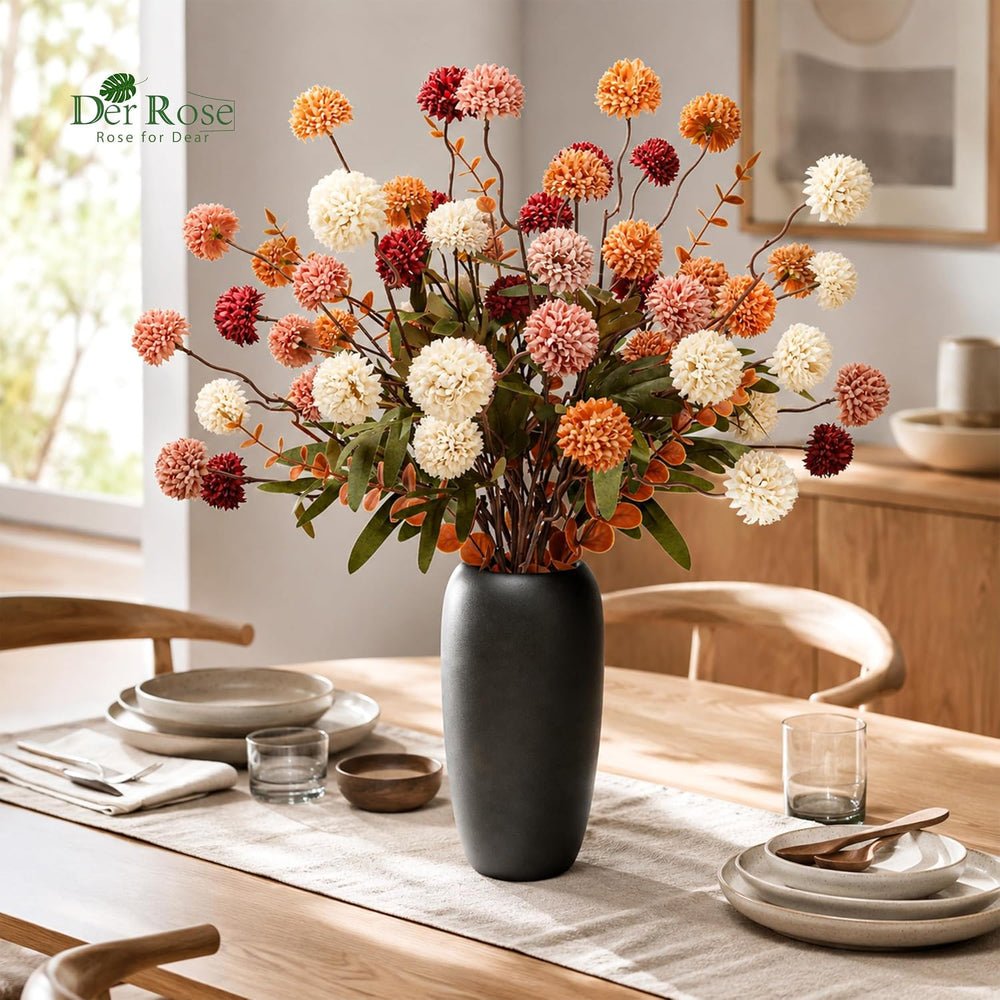 Der Rose Fall Artificial Flowers with Vase, 18 Pcs Silk Mums for Home Decor