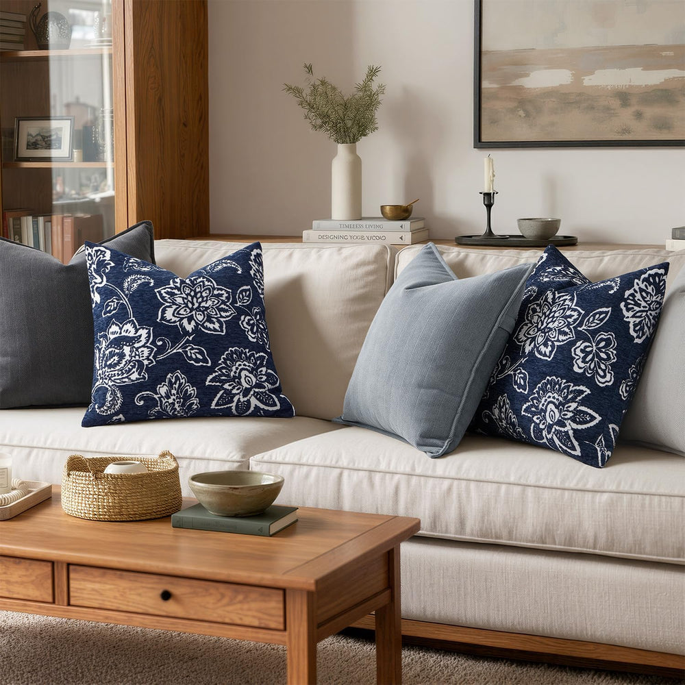 Set of 2 Chenille Floral Pillow Covers 20x20 Inch Navy Blue