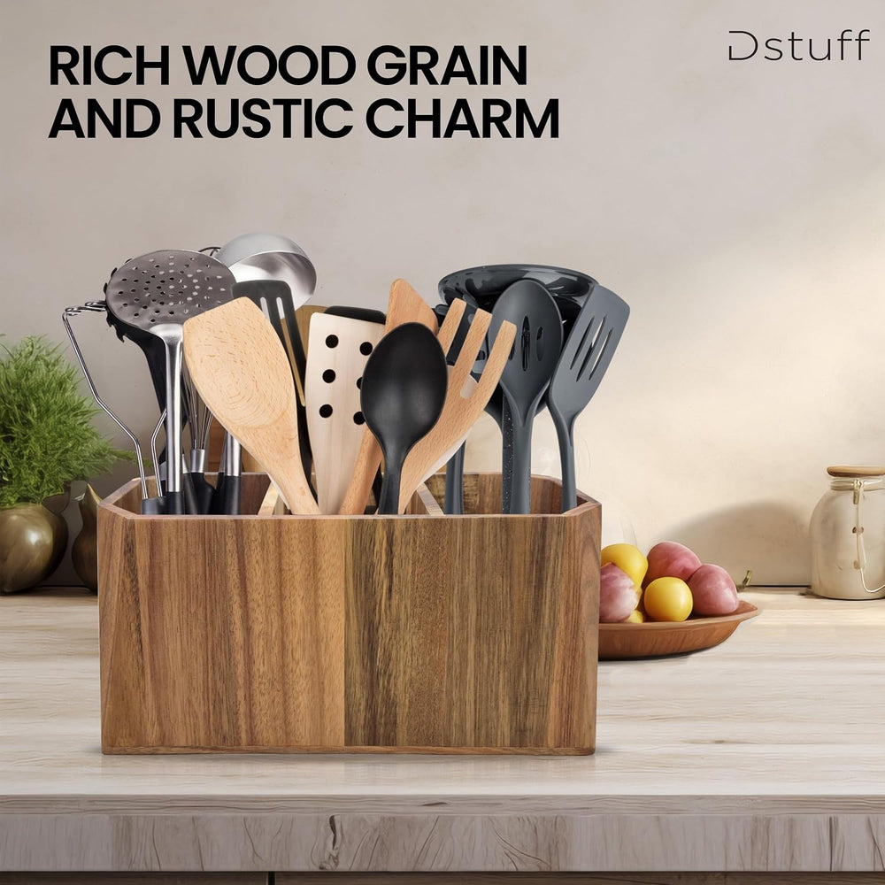 Large Kitchen Utensil Holder for Countertop โ Acacia Wood Utensil Organizer w...