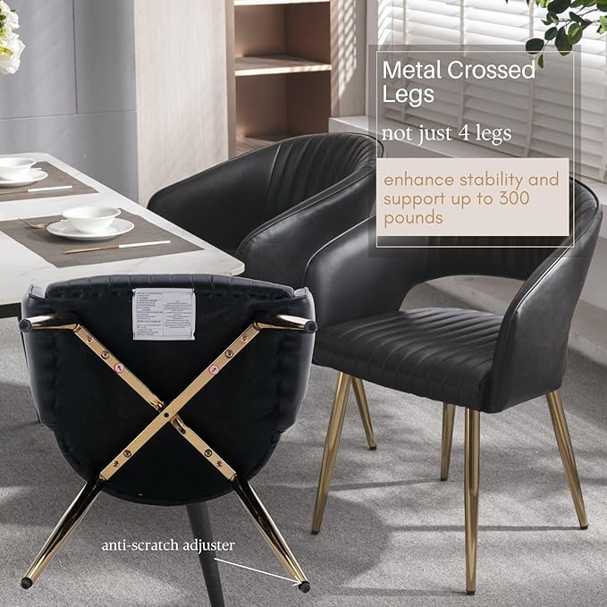 Faux Leather Dining Chairs Gold Legs, Modern Black PU Leather Dining Room Cha...