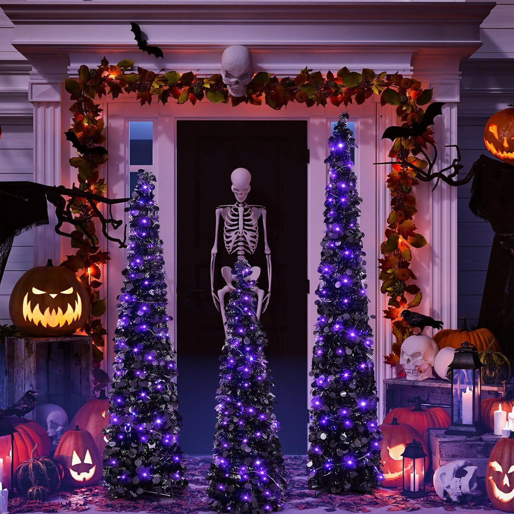 Shappy 3 Pcs 4/5/6 Ft Black Tinsel Halloween Tree with Purple Lights