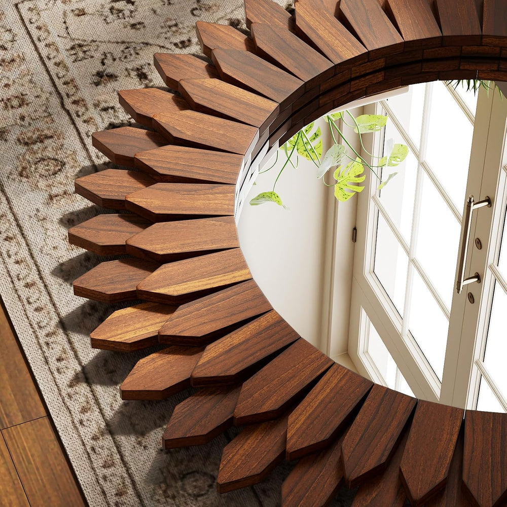 28" Walnut Round Sunburst Wooden Mirror Boho Rustic Wall Decor