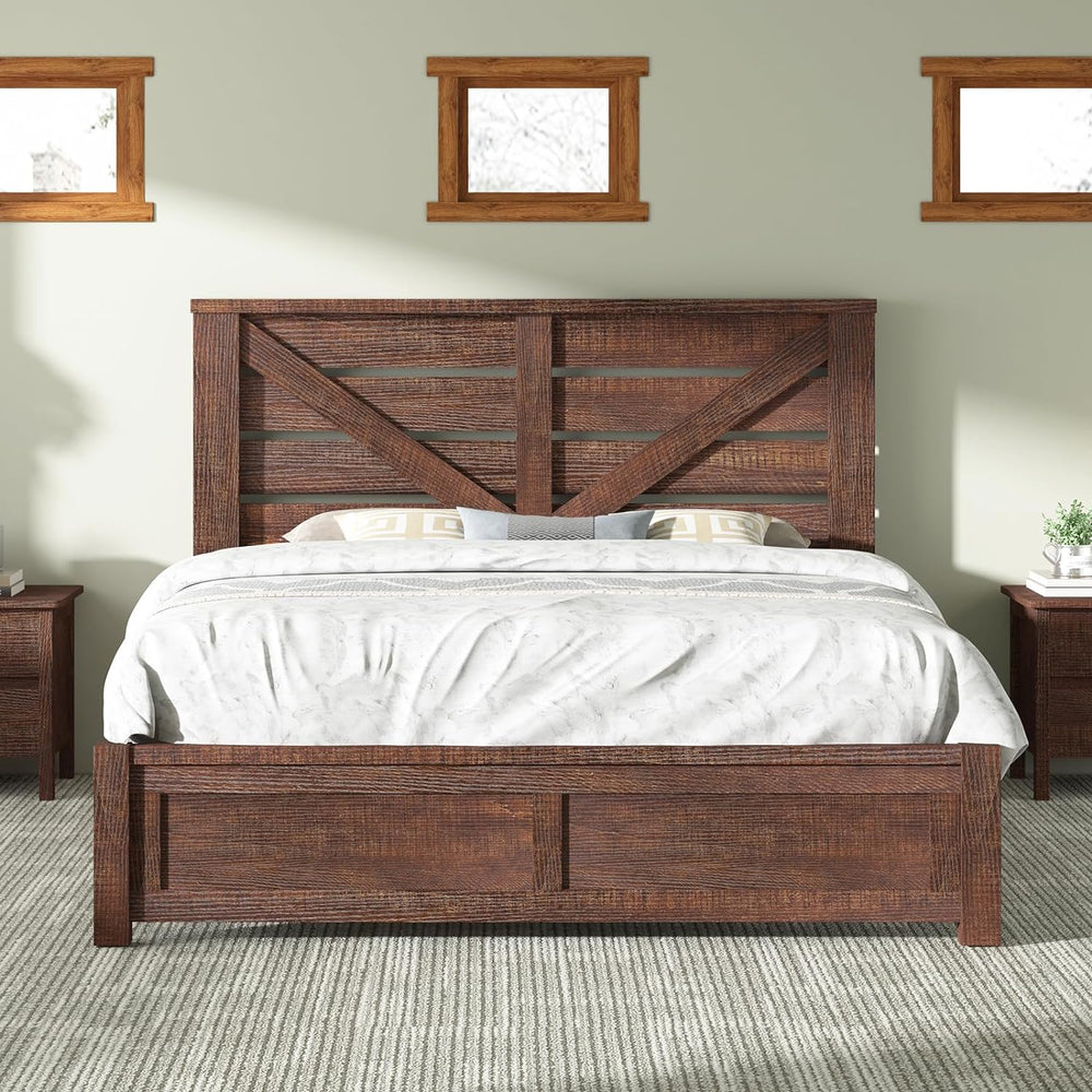 AMERLIFE Farmhouse Full Size Bed Frame with Barn Door Storage, Rustic Brown