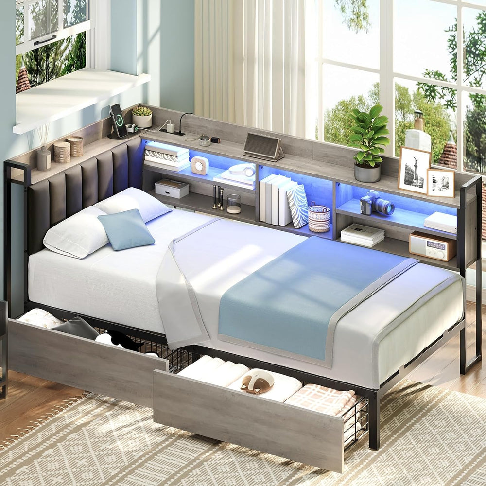 Twin Corner Bed Frame with Bookcase Storage and PU Upholstered, Twin Daybed w...