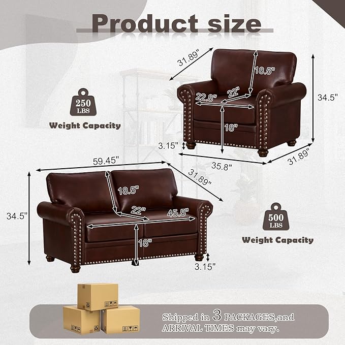 2 Piece Faux Leather Sofa Set,Modern Chair and Loveseat Sets with Storage,Mid...