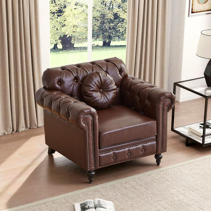 ORRD Chesterfield Chair, High Back Modern Faux Leather Couch with Button Tufted, Nailhead Trim, Rolled Arms, Extra Round Cushion – Classic Couch for Living Room, Lounge, or Office, Dark Brown