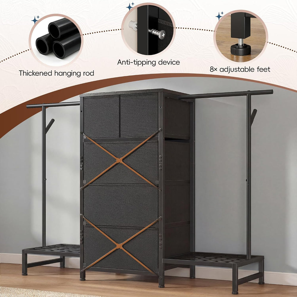 3-in-1 White Dresser with Hanging Rack, 5 Drawers & 2 Shoe Racks