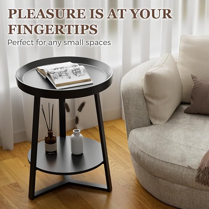 Gadroad Round End Table with Storage Shelf, 2 Tier Farmhouse Side Table Night...