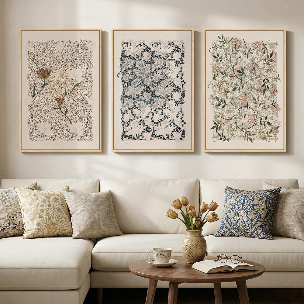 Large Framed 3 Piece William Morris Wall Art for Living Room, 24x36 In