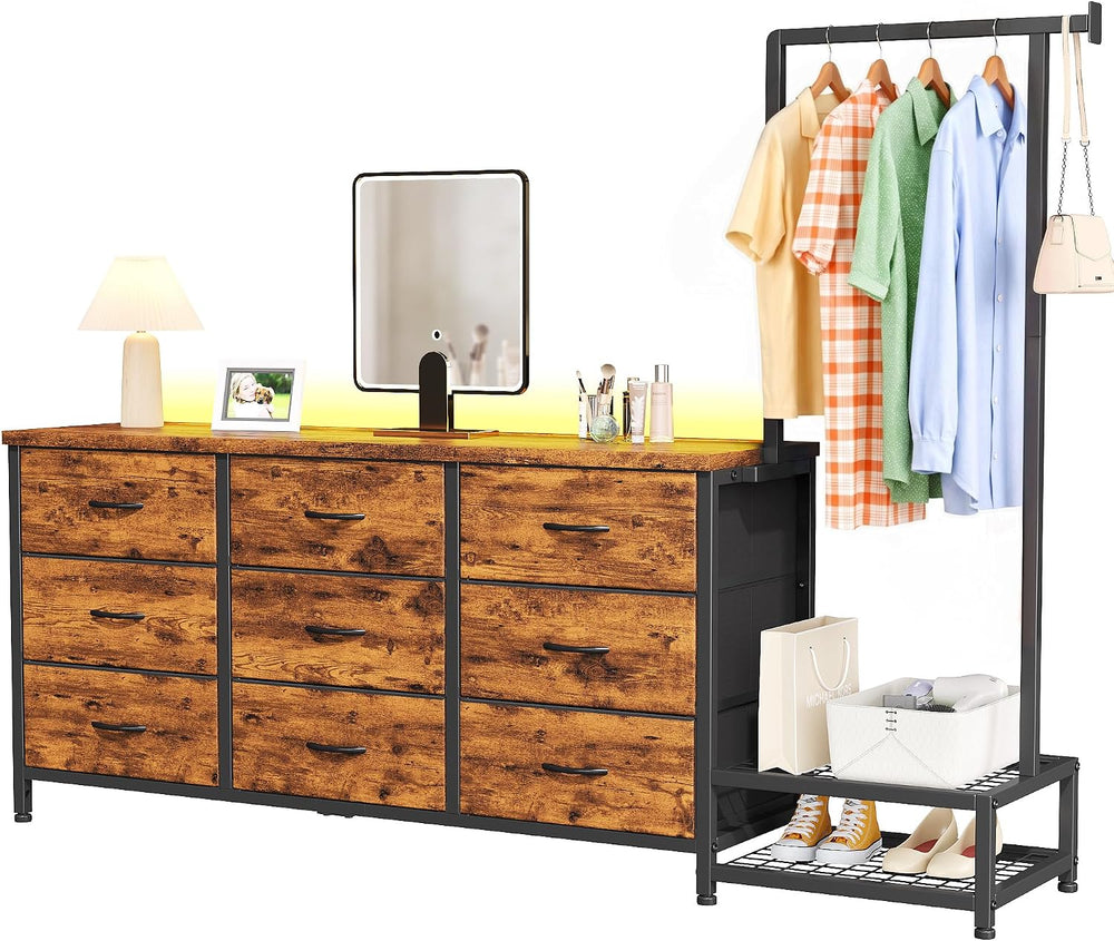 9-Drawer Dresser with Extendable Hanging Rack & LED Lights, Brown