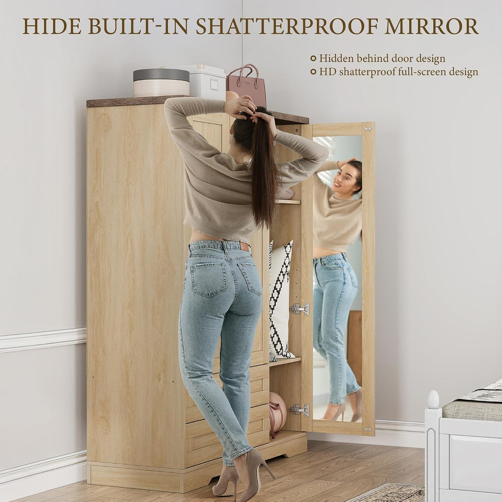 Brafab 62" Wooden Armoire Wardrobe Closet with Mirror, Natural, 3 Doors