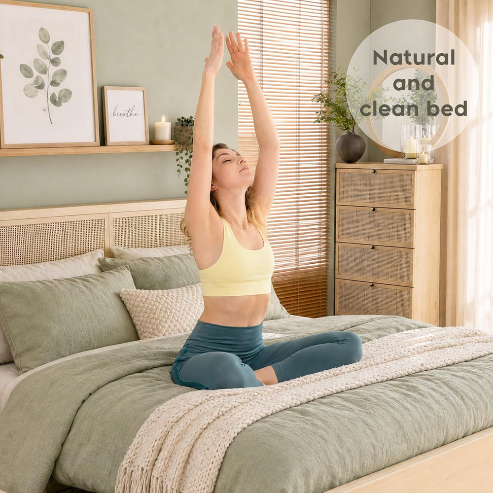 Queen Bed Frame with Natural Rattan Headboard and Wooden 4 Storage Drawers, M...