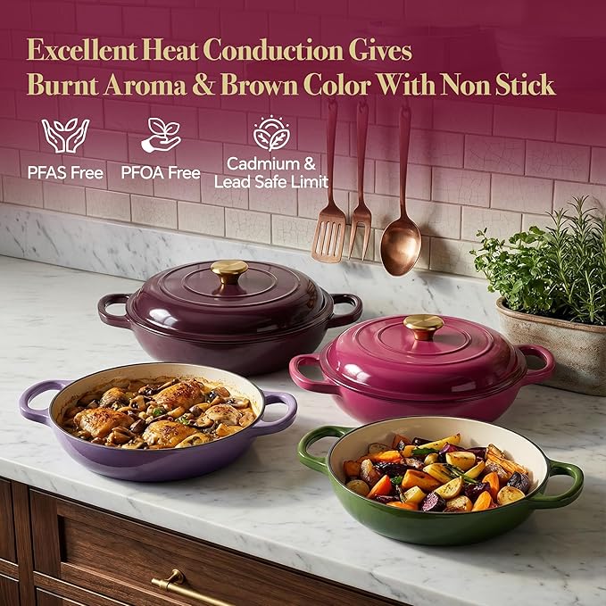 3 Quart Enameled Cast Iron Braiser, Non Stick Enameled Cast Iron Skillet
