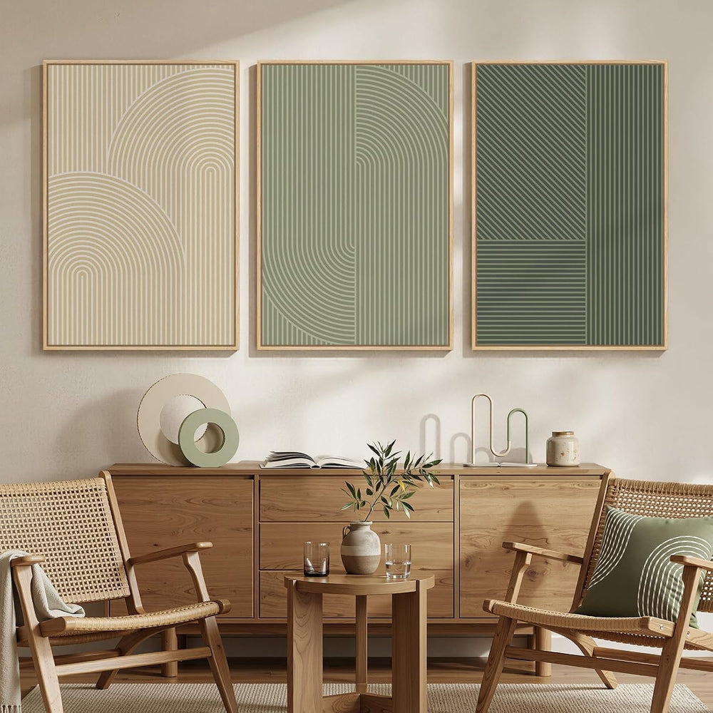 Large Framed Green Neutral Beige Abstract Wall Art for Living Room, 24x36