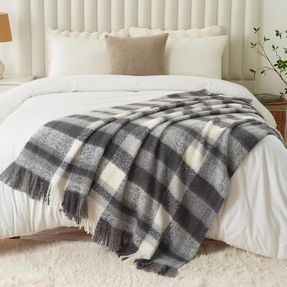 Black Grey Plaid Throw Blanket for Couch, Soft Mohair Tartan Blanket 50x60