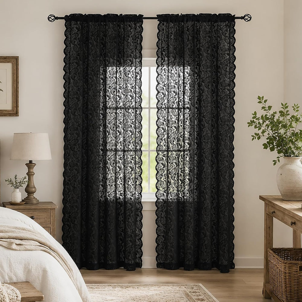 ALIGOGO Black Lace Curtains for Living Room, Gothic Decor, 52W x 84L Inch