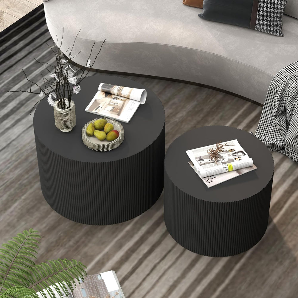 Nesting Coffee Table Set of 2, Round Wood Accent Table, Black | Modern Wooden...