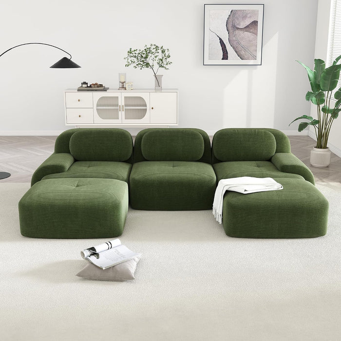 Modular Sectional Sofa Boneless Couch, U Shaped Sectional Couches for Living Room, Oversized Cloud Couch with Deep Seat and Ottoman, Comfy Corduroy Upholstery Green Couches, No Assembly(3S+2O)