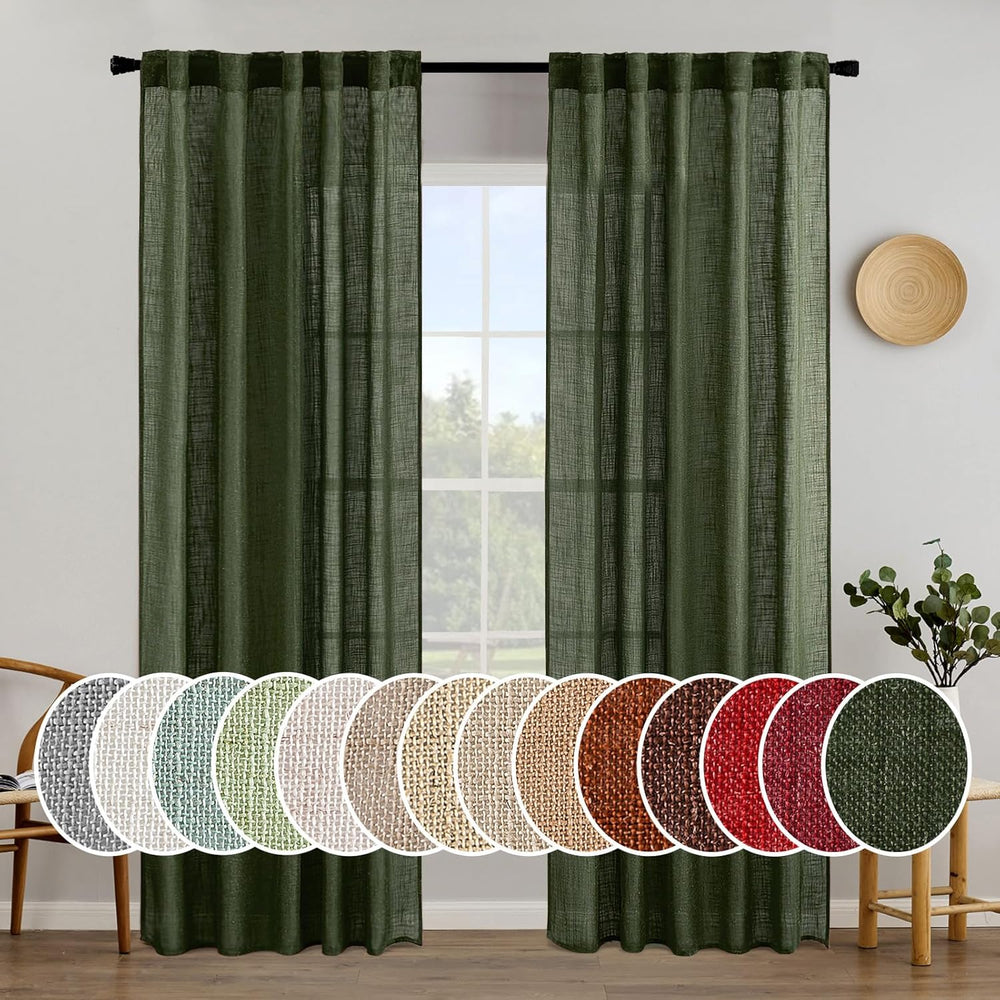 MIULEE Olive Green Linen Curtains 52x84 Inch Length for Bedroom Living Room