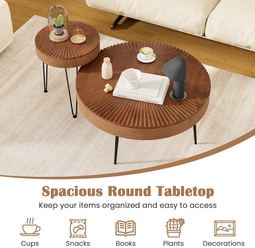 COSTWAY Farmhouse Round Coffee Table Set of 2, Rustic Sofa Side Tea Tables w/...