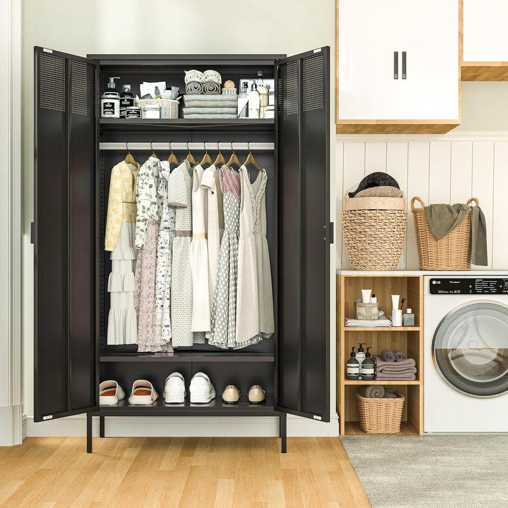 Ustamio 71 Inches Black Metal Wardrobe Cabinet with Hanging Rod, Metal Armoir...