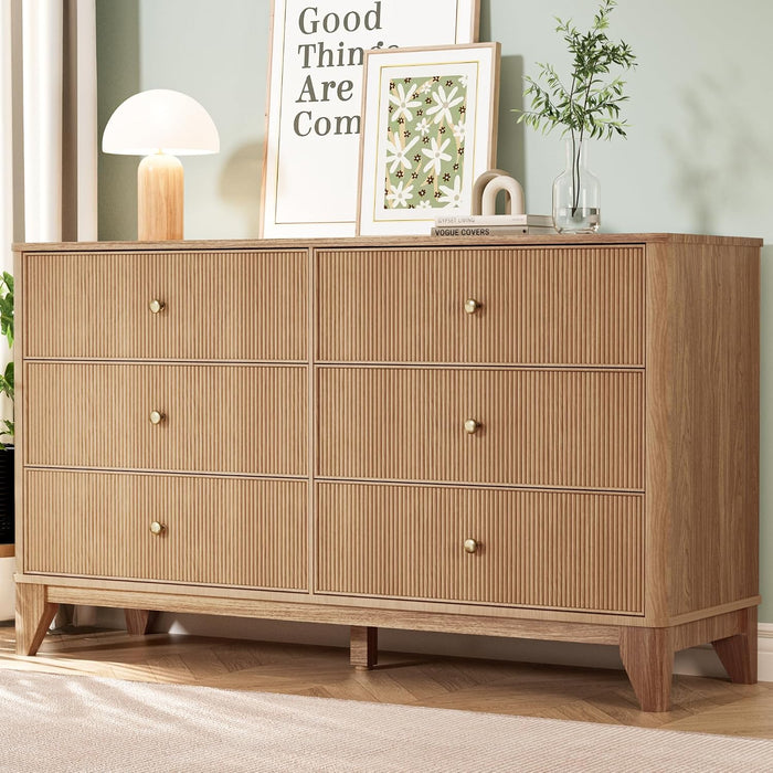 Fluted 6 Drawers Dresser, 54" Wide Modern Chest of Drawers with Round Corners, Wooden Dresser TV Stand, Wood Drawer Organizer for Bedroom, Dressing Room, Hallway