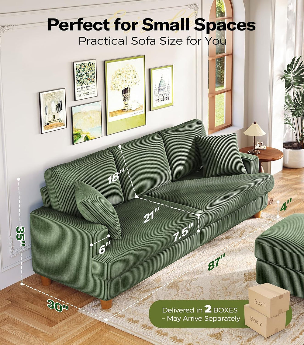 Kidirect 87in Corduroy Couch, 3 Seater Sofa, Sofas & Couches, Green Couch
