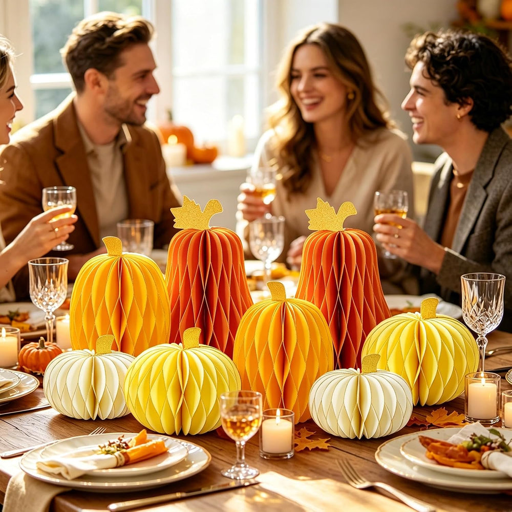 SUBEAUTY 8 PCS Pumpkin Honeycomb Centerpieces Fall Pumpkin Party Decoration T...