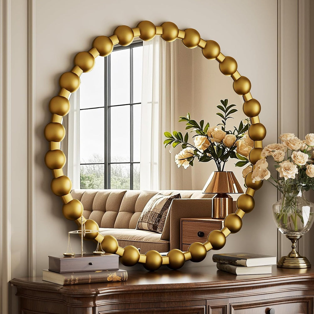 Easly Round Mirror for Wall, 24 Inch Gold Beaded Frame Decorative Vanity Mirr...