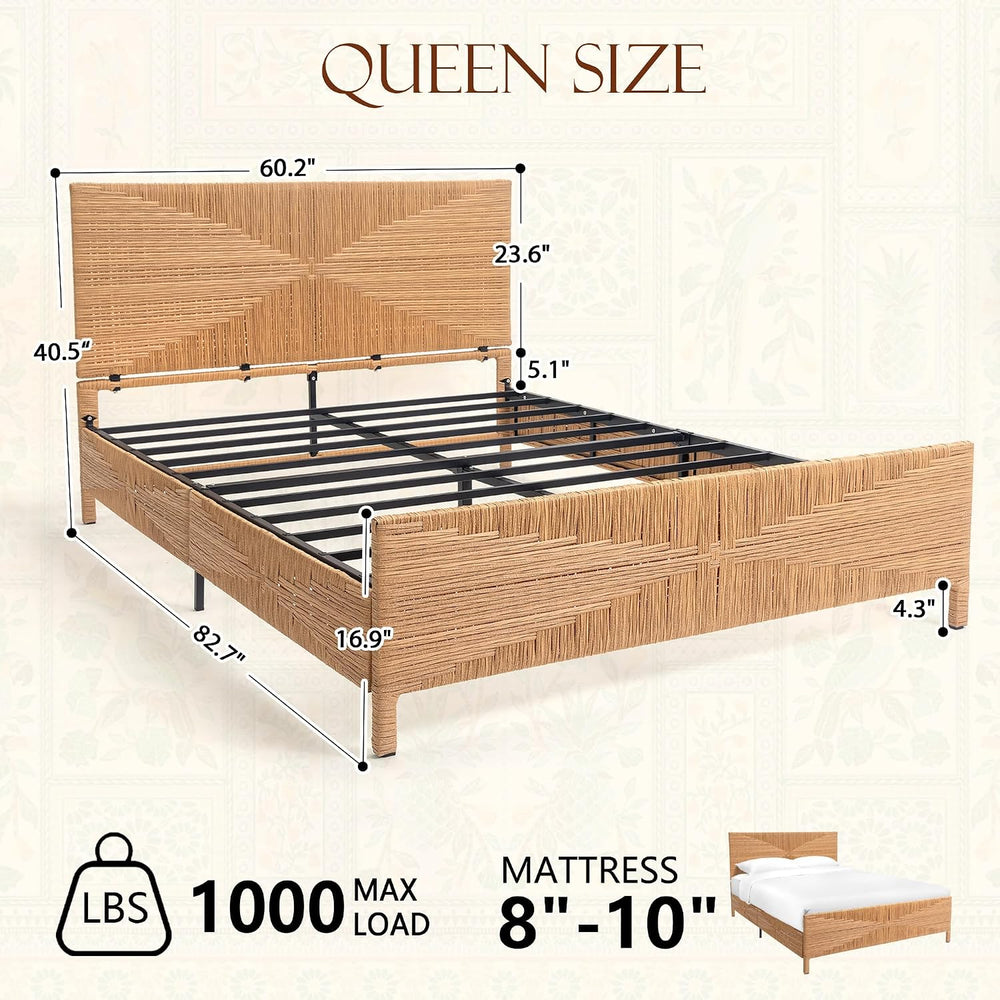 Brafab Boho Queen Rattan Bed Frame with Headboard and Footboard