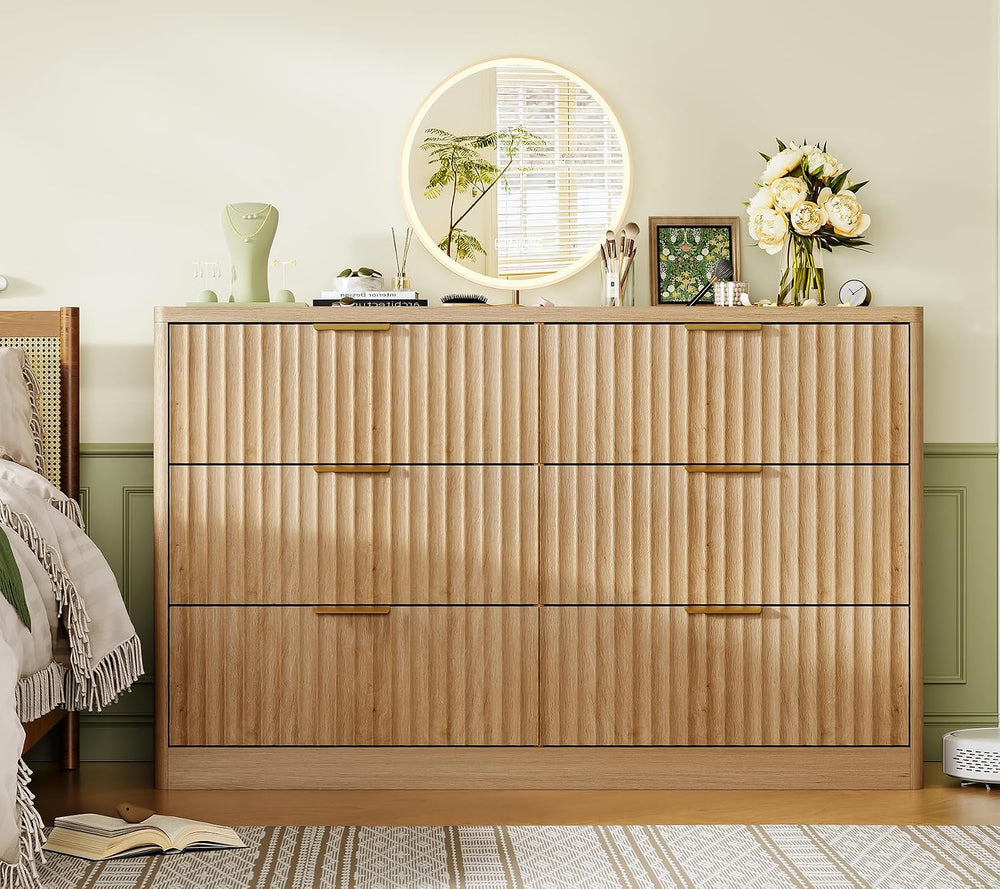 Fluted 6 Drawer Dresser for Bedroom, Wide Modern Chest of Drawers with Metal ...
